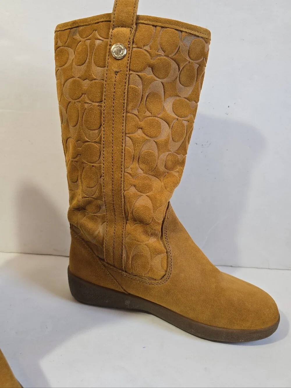 Coach Tullip Tan Suede Signature Mid-Calf Boots with Buckle Detail Size 7